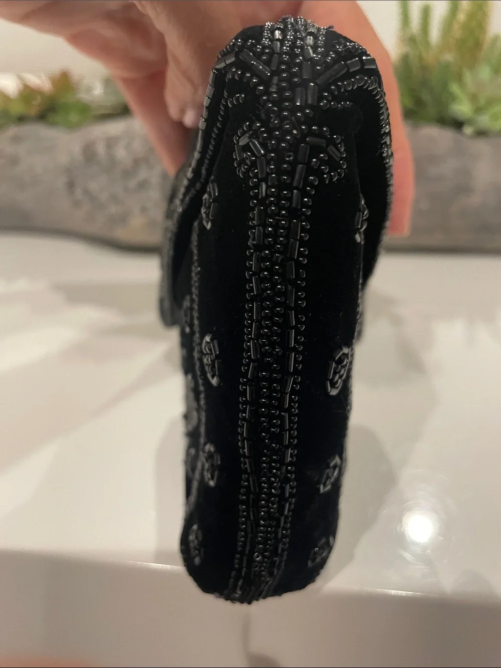 VINTAGE Black Velvet Hand-Beaded Envelope Evening Clutch Bag ~ Made In France